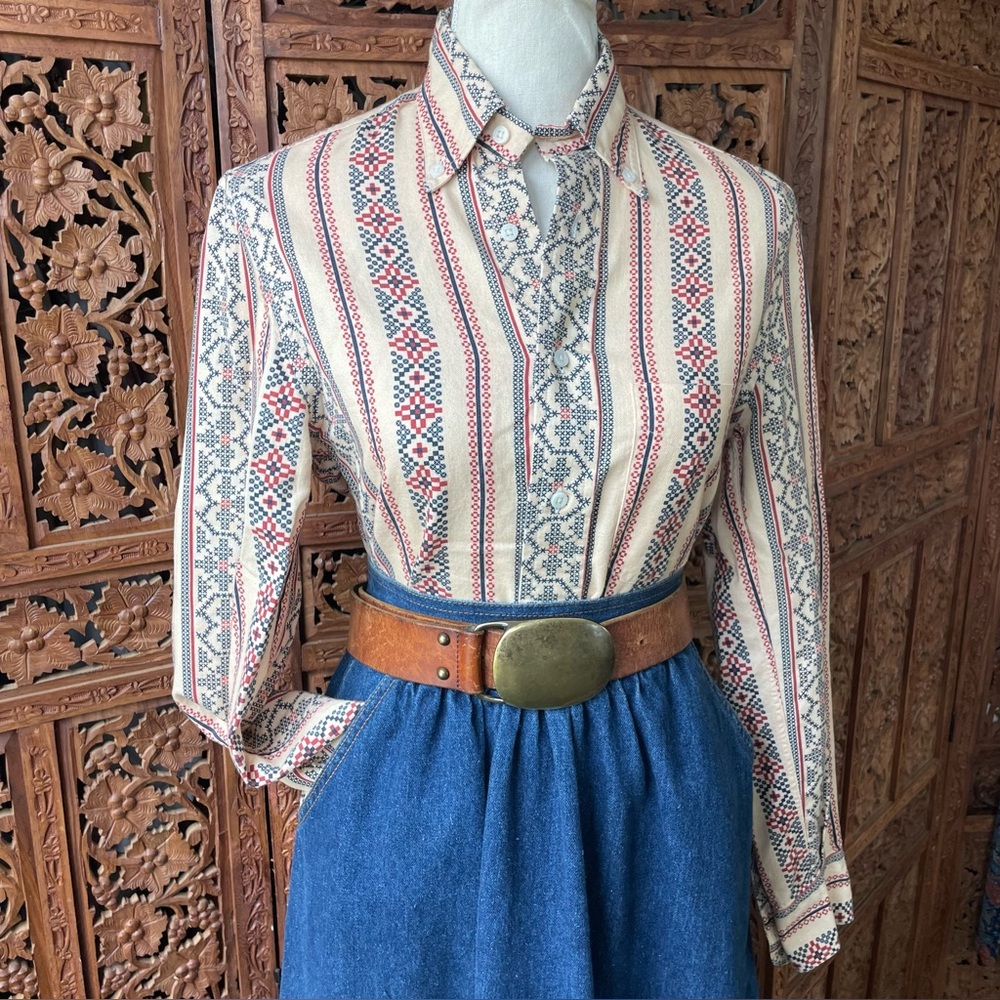 Gitman Bros Vintage Cream Button-Up Shirt with western cross stitch print - Picture 4 of 16